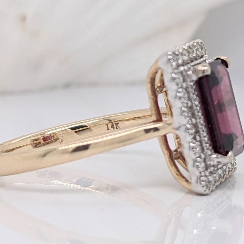 2.8ct Garnet Ring w Diamond Double Halo in Solid 14k Yellow Gold Emerald 9x7mm For Sale 3
