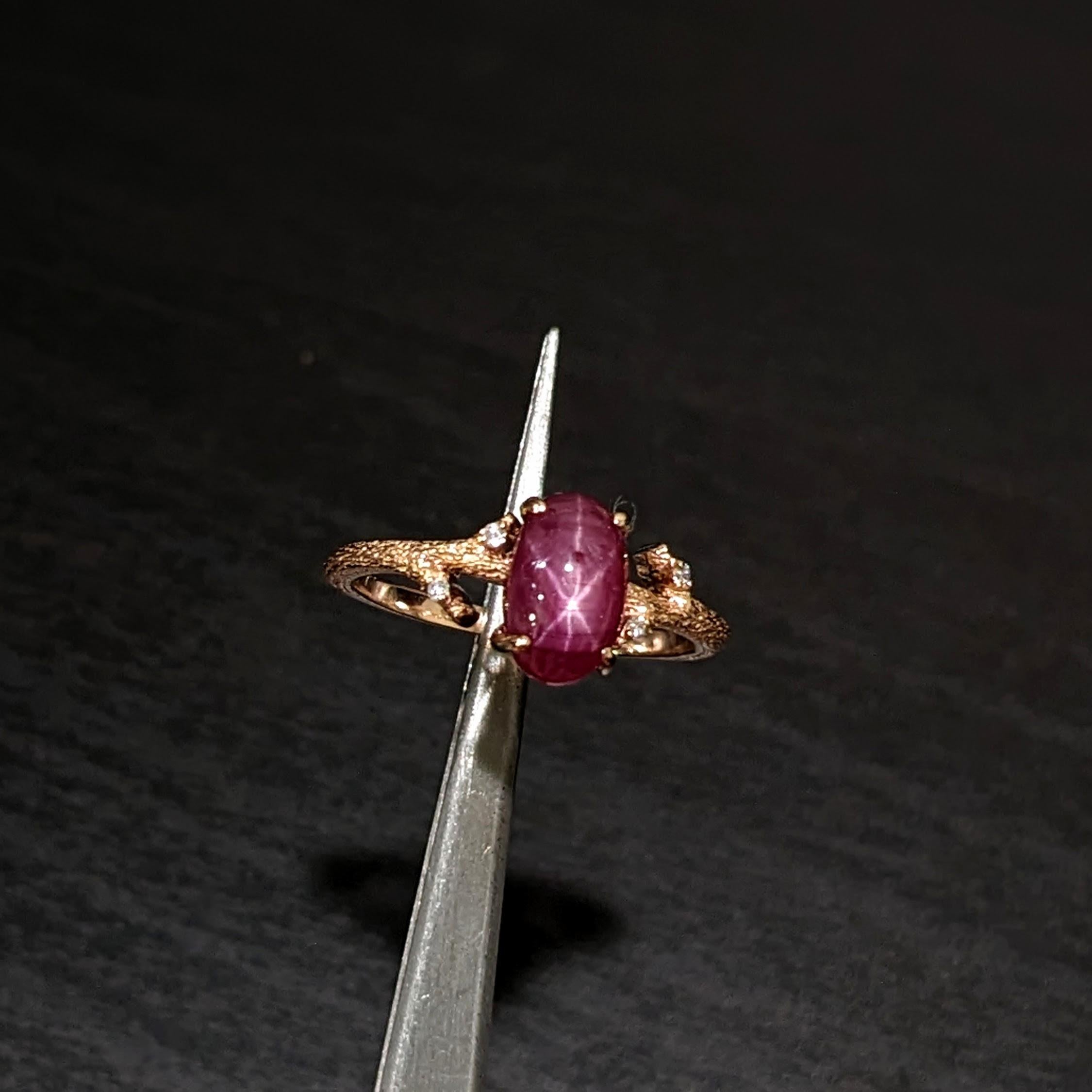 Art Deco 2.8ct Star Ruby Ring w Natural Diamonds in Solid 14K Yellow Gold Oval 8.5x7mm