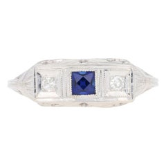 .28ctw Square Cut Synthetic Sapphire & Diamond Art Deco Ring, 14k Gold Vintage