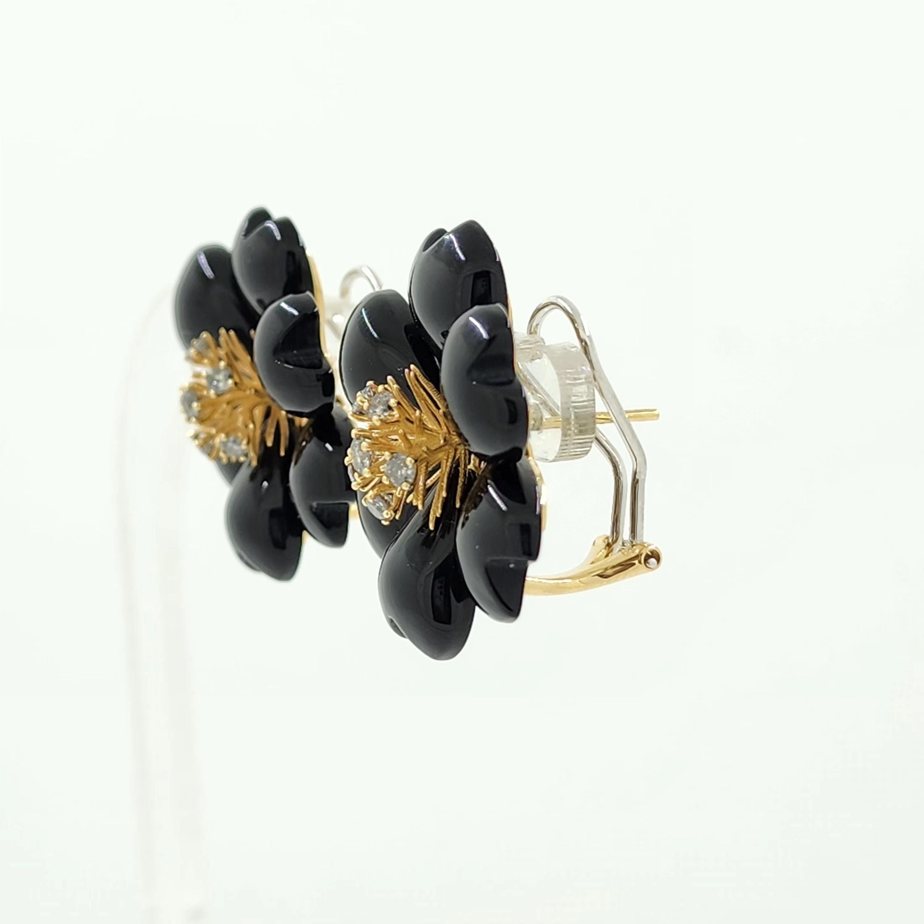 28 mmx28 mm Floral Onyx Ohrringe Diamant-Ohrringe aus 14K Gelbgold mit Blumenmuster (Art déco)