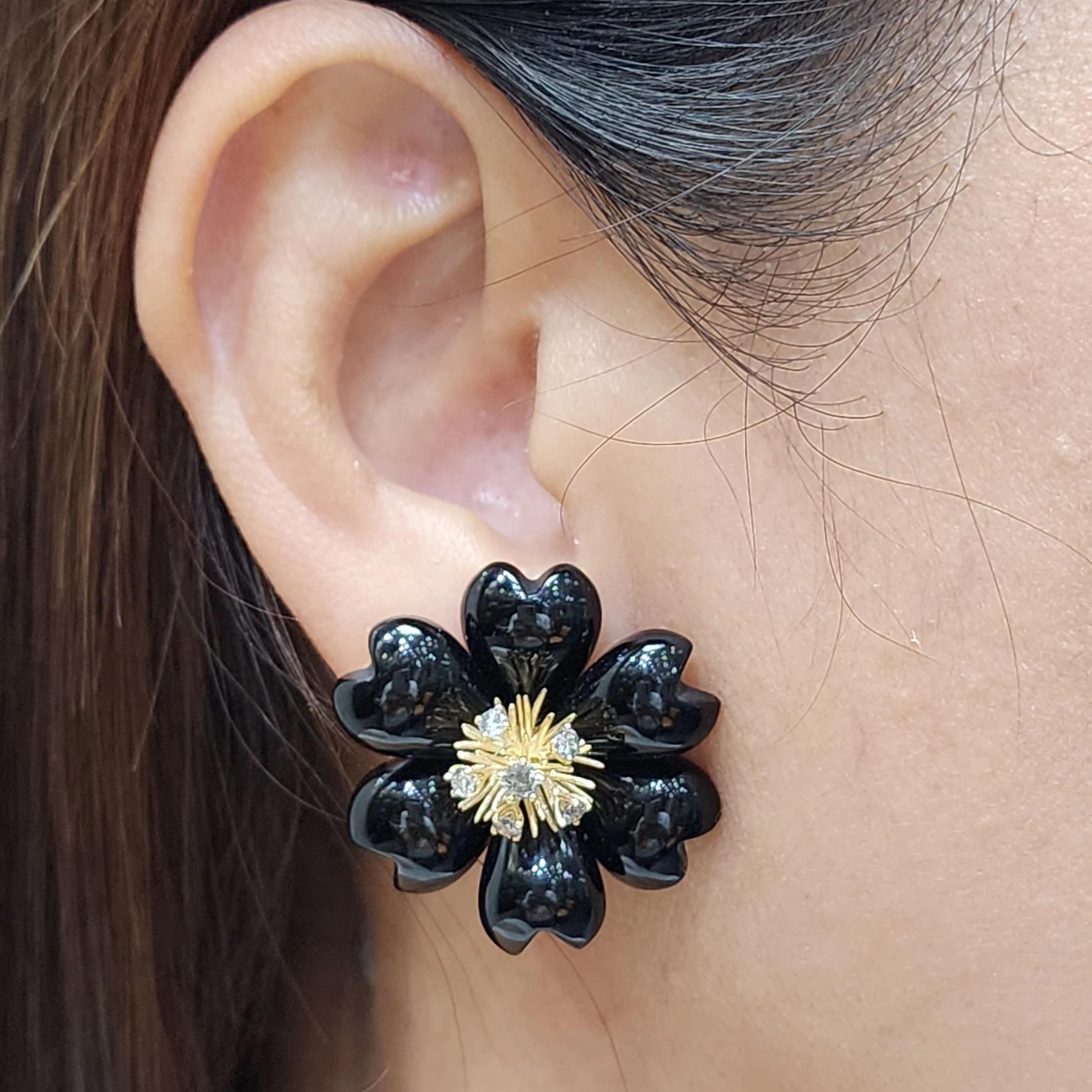 28 mmx28 mm Floral Onyx Ohrringe Diamant-Ohrringe aus 14K Gelbgold mit Blumenmuster Damen