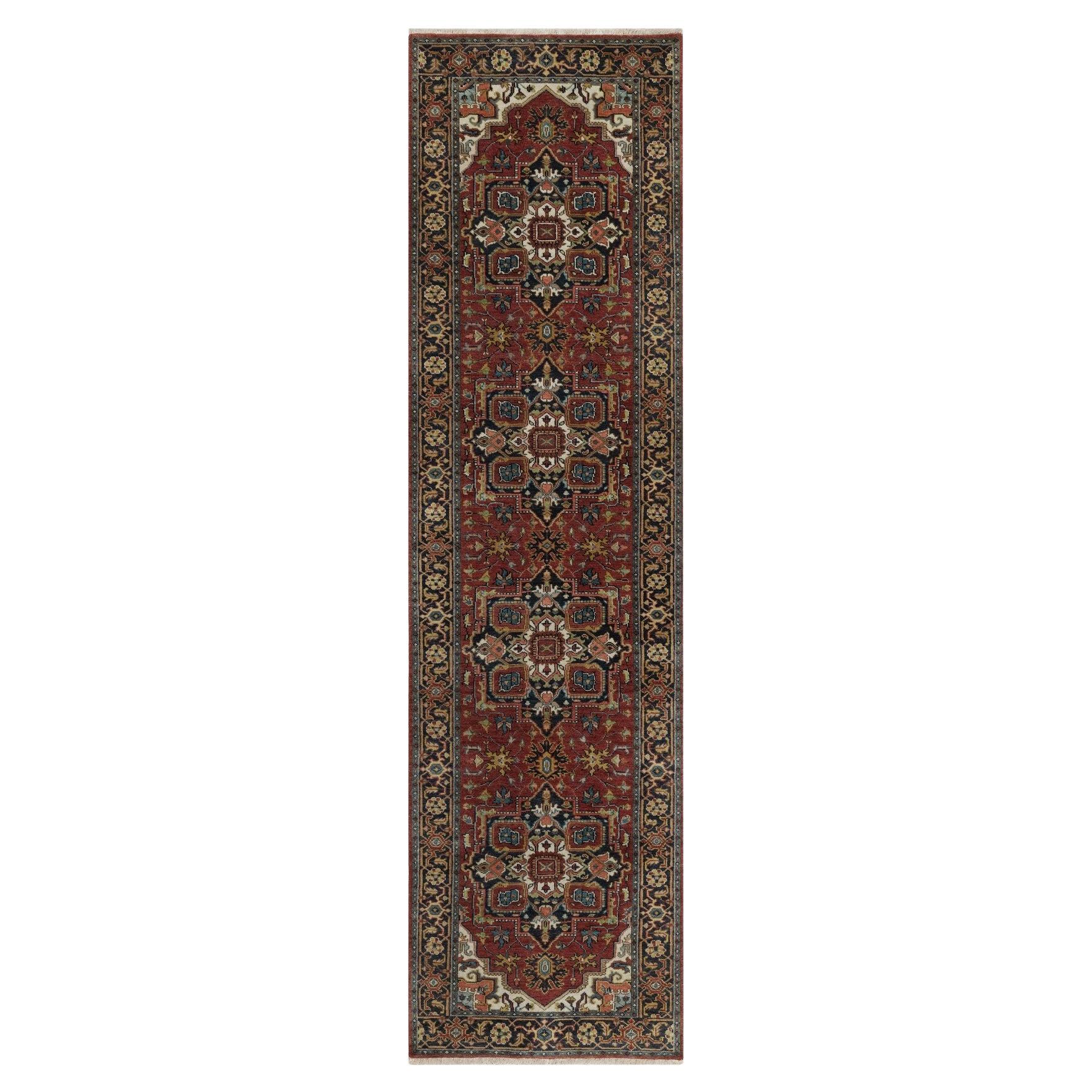 2
8"x10
 Berry Red Hand Knotted Antiqued Fine Heriz Revival Wool Runner Rug