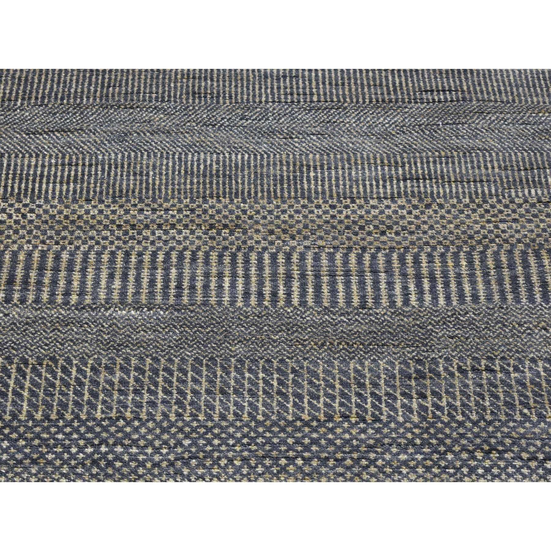 This is a truly genuine one-of-a-kind Charcoal Black with Toppings of Gold, Hand Knotted Wool and Silk, Modern Grass Design Gabbeh Densely Woven, Runner Oriental Rug. It has been Knotted for months and months in the centuries-old weaving