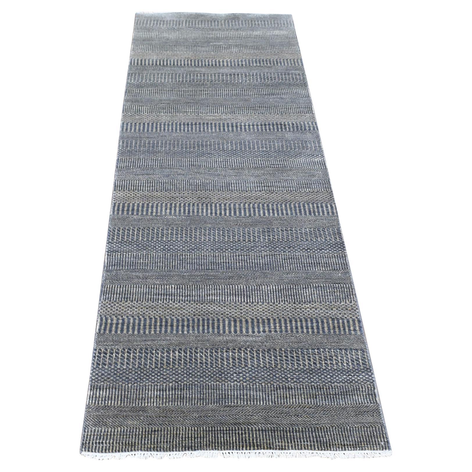2'8"x10' Black Hand Knotted Wool and Silk Modern Grass Design Runner Rug For Sale