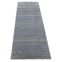 2'8"x10' Black Hand Knotted Wool and Silk Modern Grass Design Runner Rug