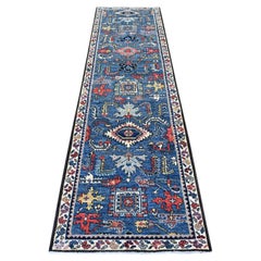 2'8"x10' Blue Northwest Zoroastrian with Gul Motif Hand Knotted Wool Runner Rug