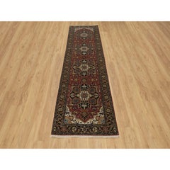 2'8"x10' Brick Red Antiqued Fine Heriz Revival Hand Knotted Wool Oriental Rug