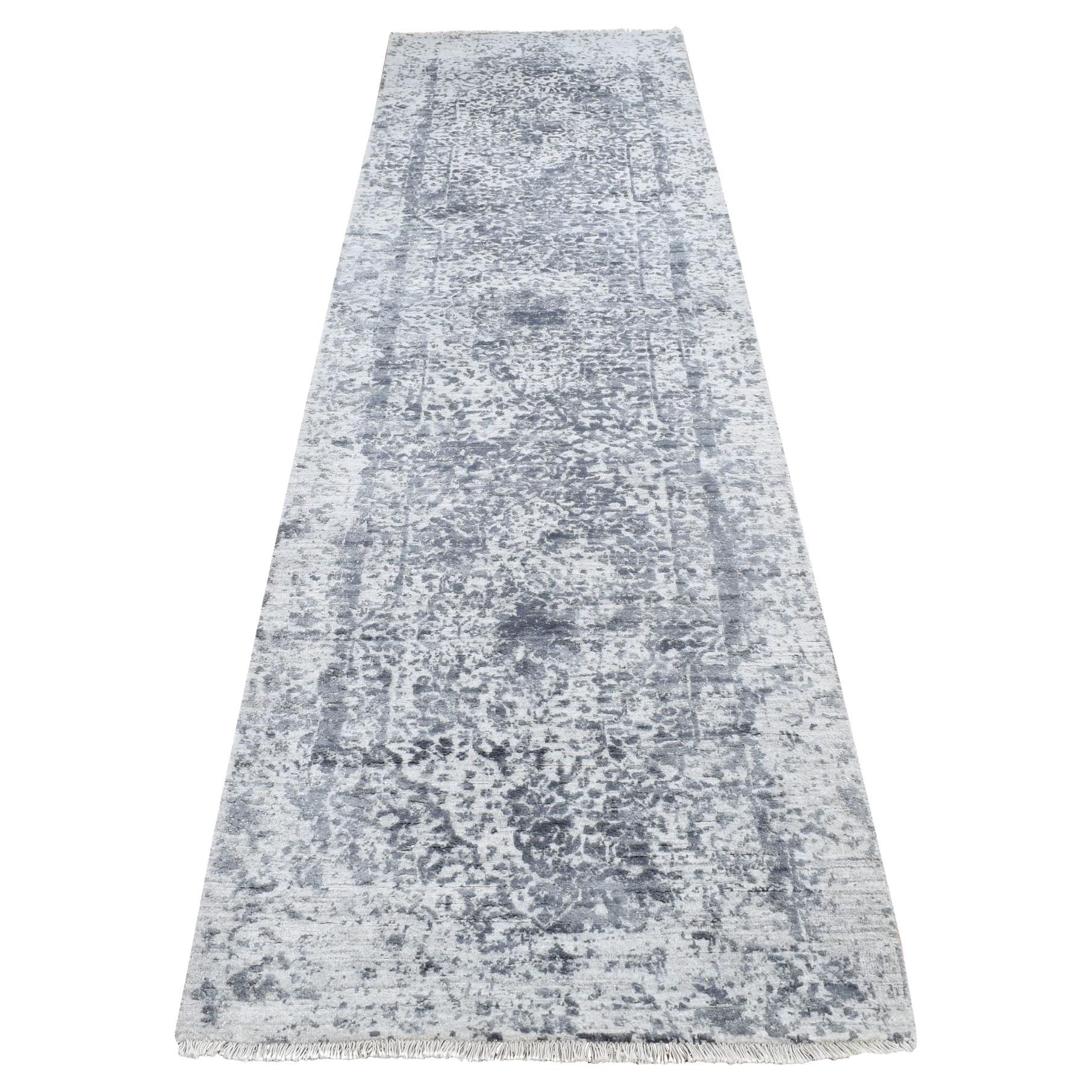 2
8"x10
Gray, Wool and Silk, Hand Knotted, Erased Persian Design Runner Rug