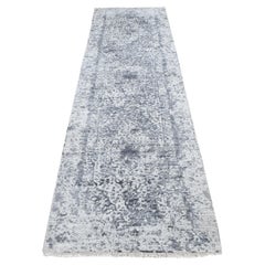 2
8"x10
Gray, Wool and Silk, Hand Knotted, Erased Persian Design Runner Rug