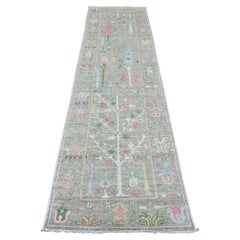 2'8"x10' Grüner handgeknüpfter Afghanischer Angora Oushak-Baumwoll-Läufer im Oushak-Design aus Wolle