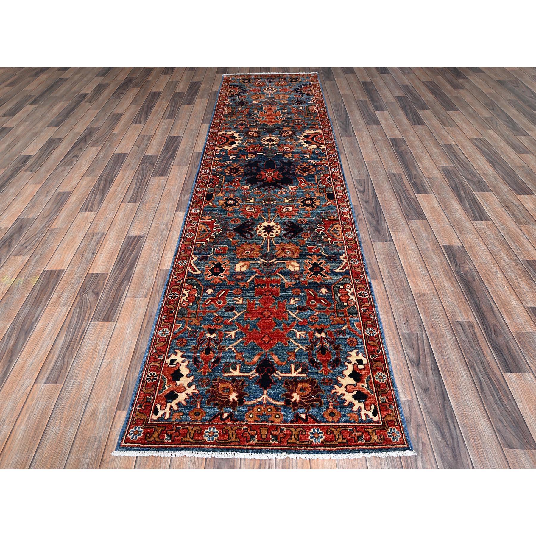 Horizon Blue, Heriz All Over Design, Aryana Collection, Vegetable Dyes, High Mountain Wool, Hand Knotted, Soft Pile, Densely Woven, Runner, Oriental Rug
Primary materials: Wool
Latex: No Pile 
height: 0.25 Inches
Style: Traditional
Primary color: