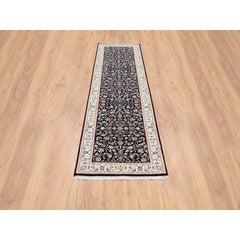 2'8"x10' Midnight Blue Wool Hand Knotted Nain Flower Design Runner Oriental Rug