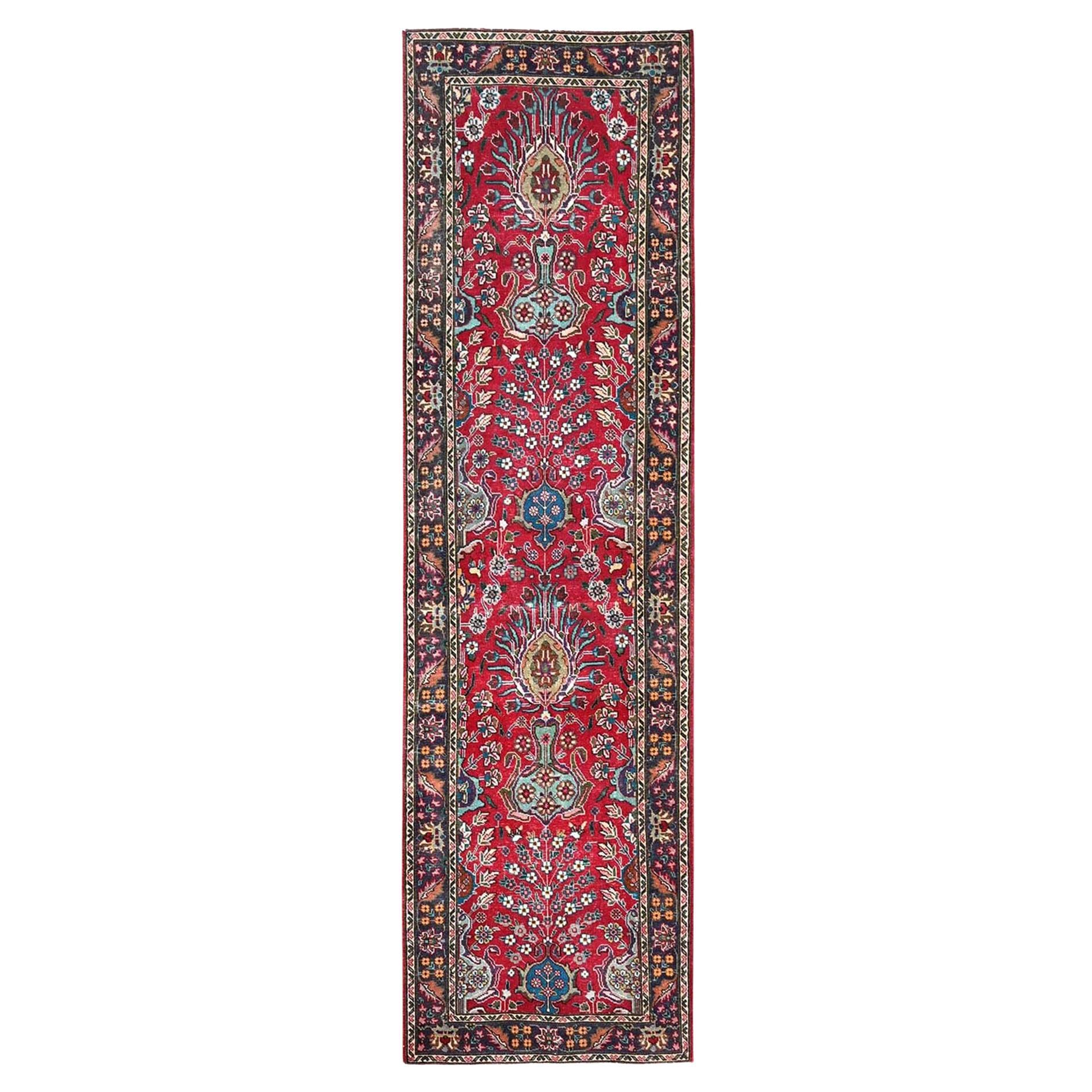 2'8"x10' Red Vintage Zoroastrian Tabriz Vase Design Hand Knotted Wool Runner Rug