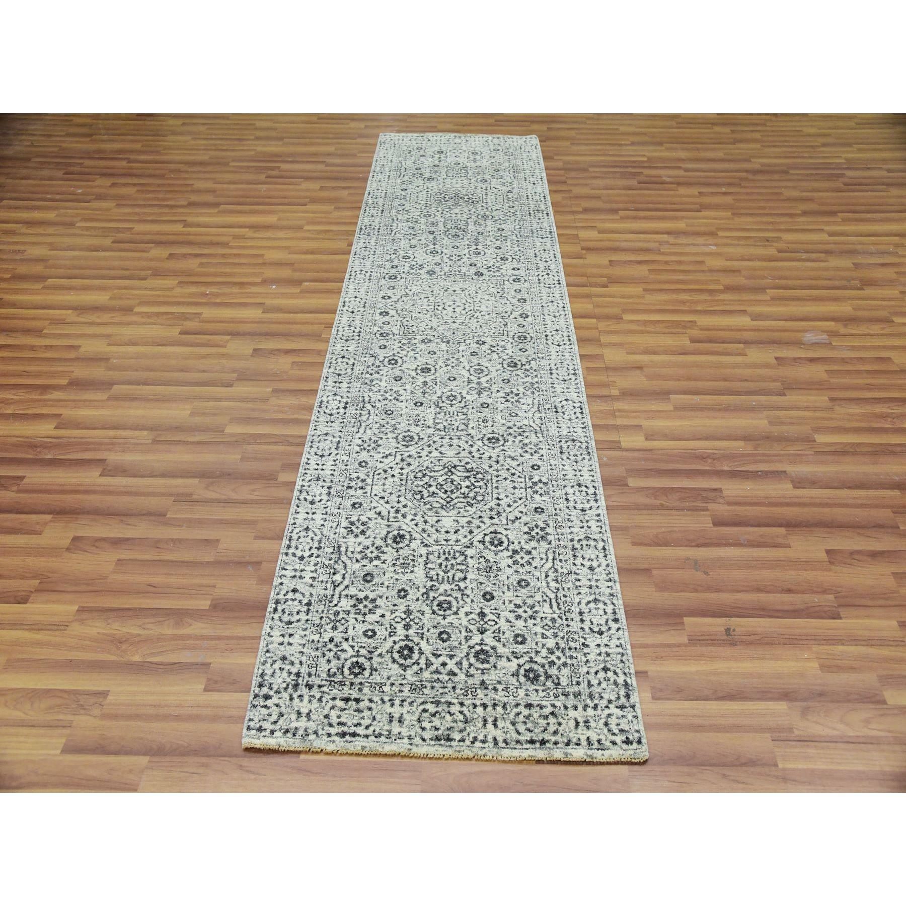 Harp White, Hand Knotted, Mamluk Dynasty, Tone on Tone Design, Undyed  Luxurious Wool, Runner Oriental Rug
Primary materials: Wool
Latex: No Pile 
height: 0.25 Inches
Style: Transitional
Primary color: Ivory
Secondary colors: Ivory, Black
Pattern: