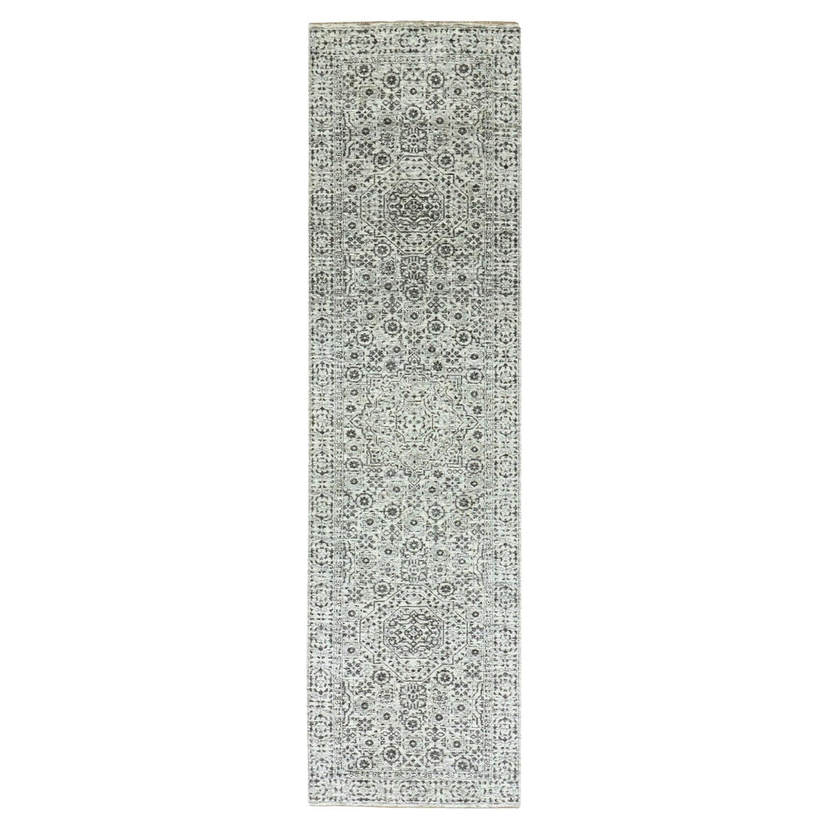 Tappeto Runner in Lana 2'8 "x10' Bianco Annodato a Mano Dinastia Mamluke Tono su Tono Design