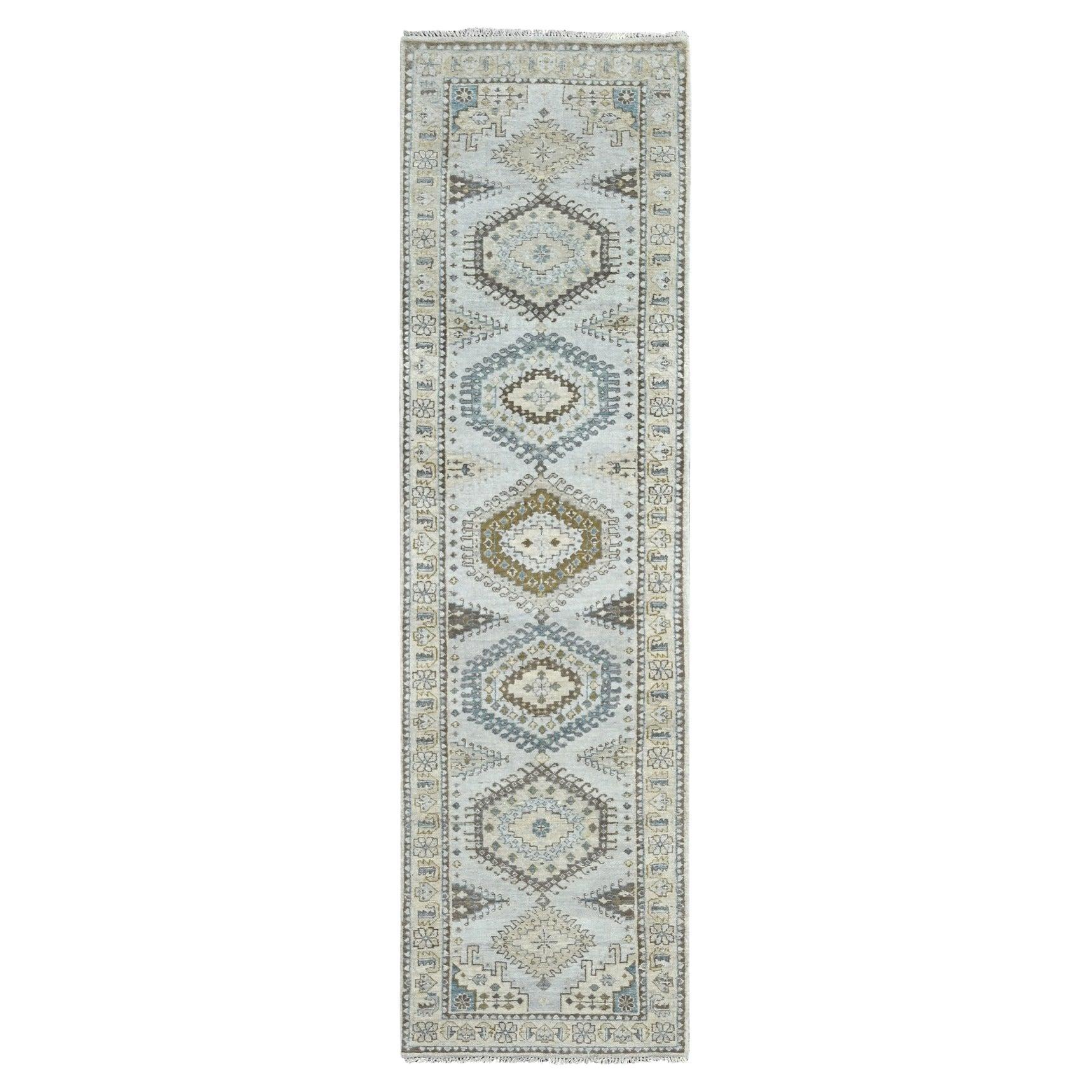 2'8"x10'1" Gray Farsian Village Geometric Motifs Wool Hand Knotted Oriental Rug
