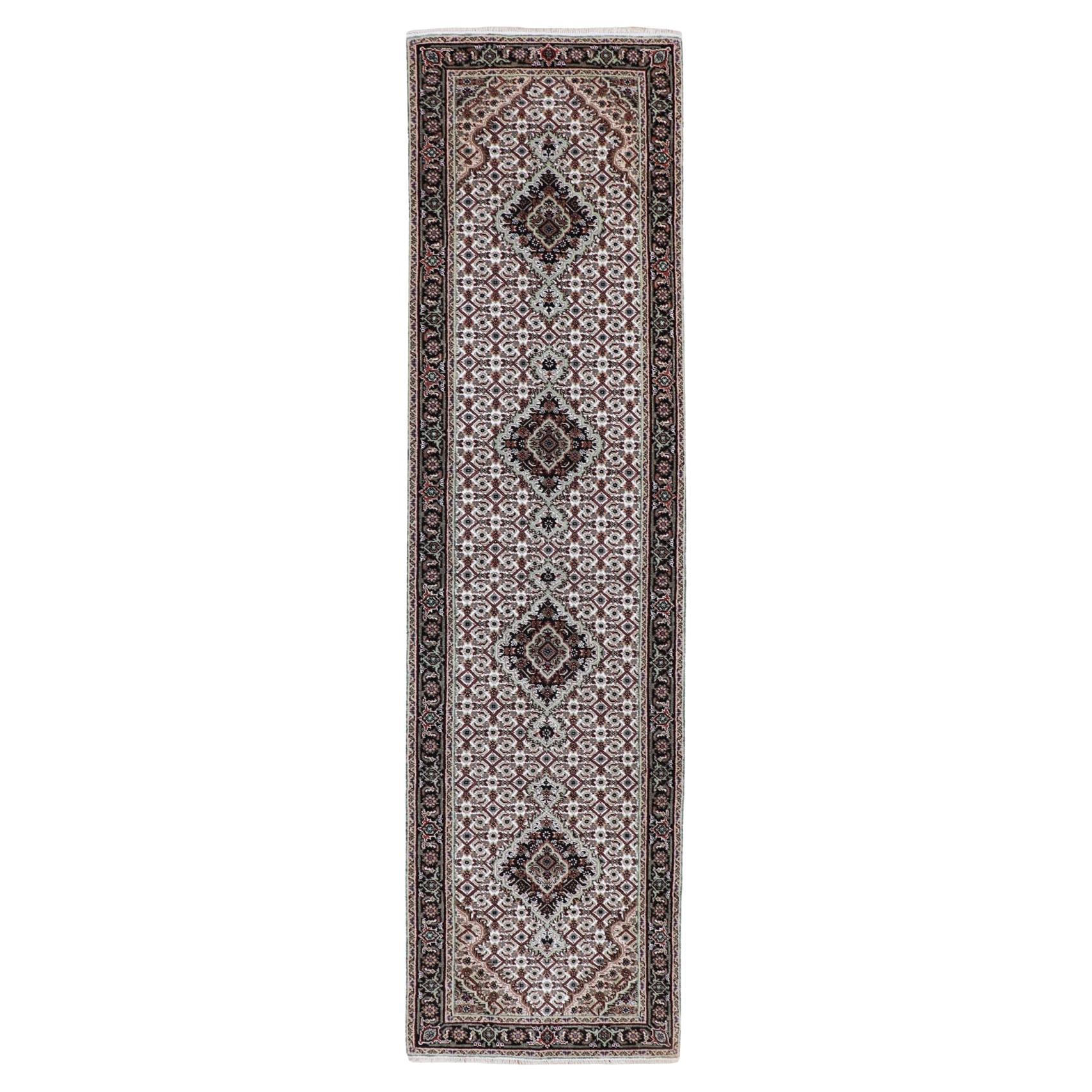 2'8"x10'1" Ivory Tabriz Mahi Fish Design Wool And Silk Runner Hand Knotted Rug For Sale