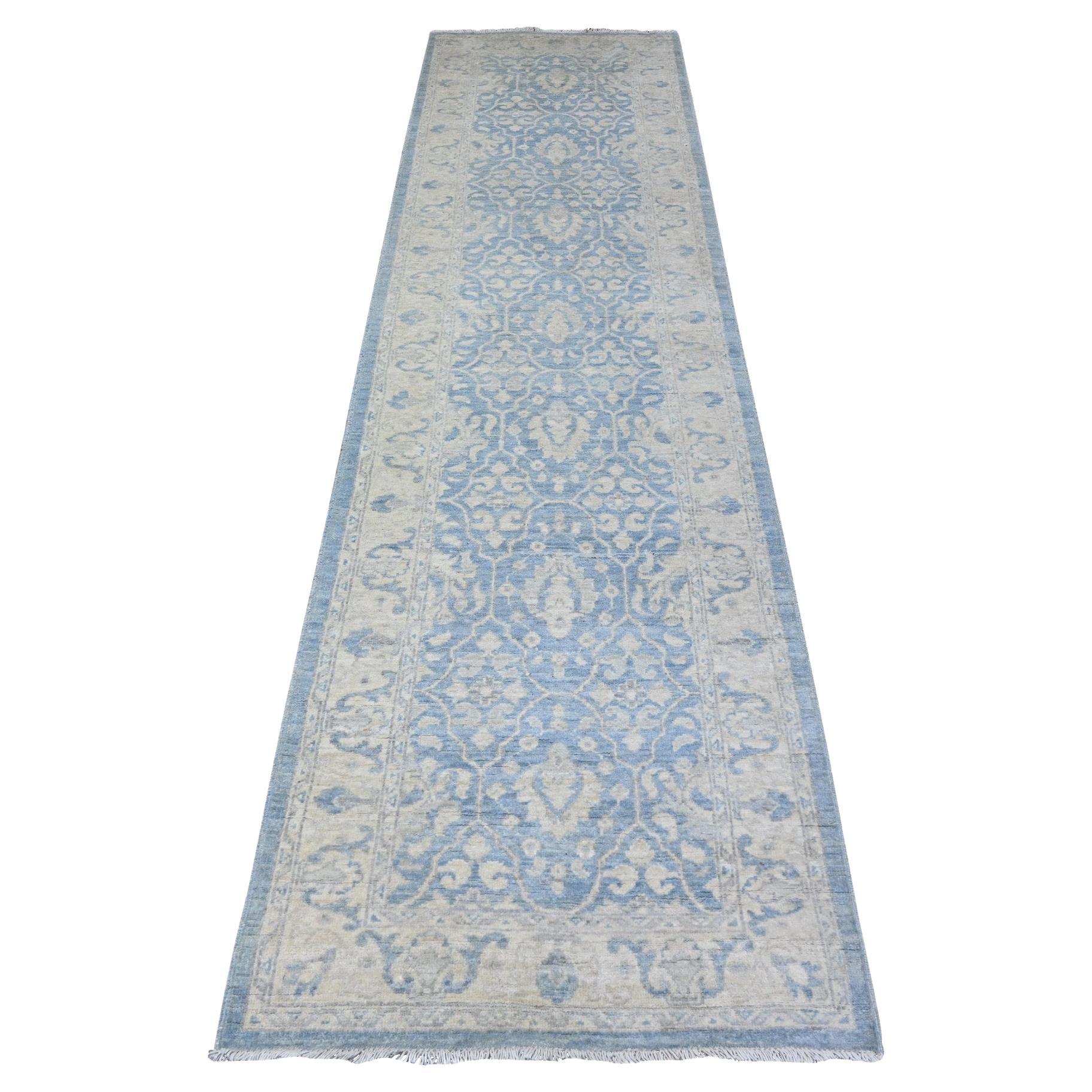 2'8 "x10'4" Blau Hand geknüpft natürliche Wolle weiß waschen Peshawar Läufer Teppich