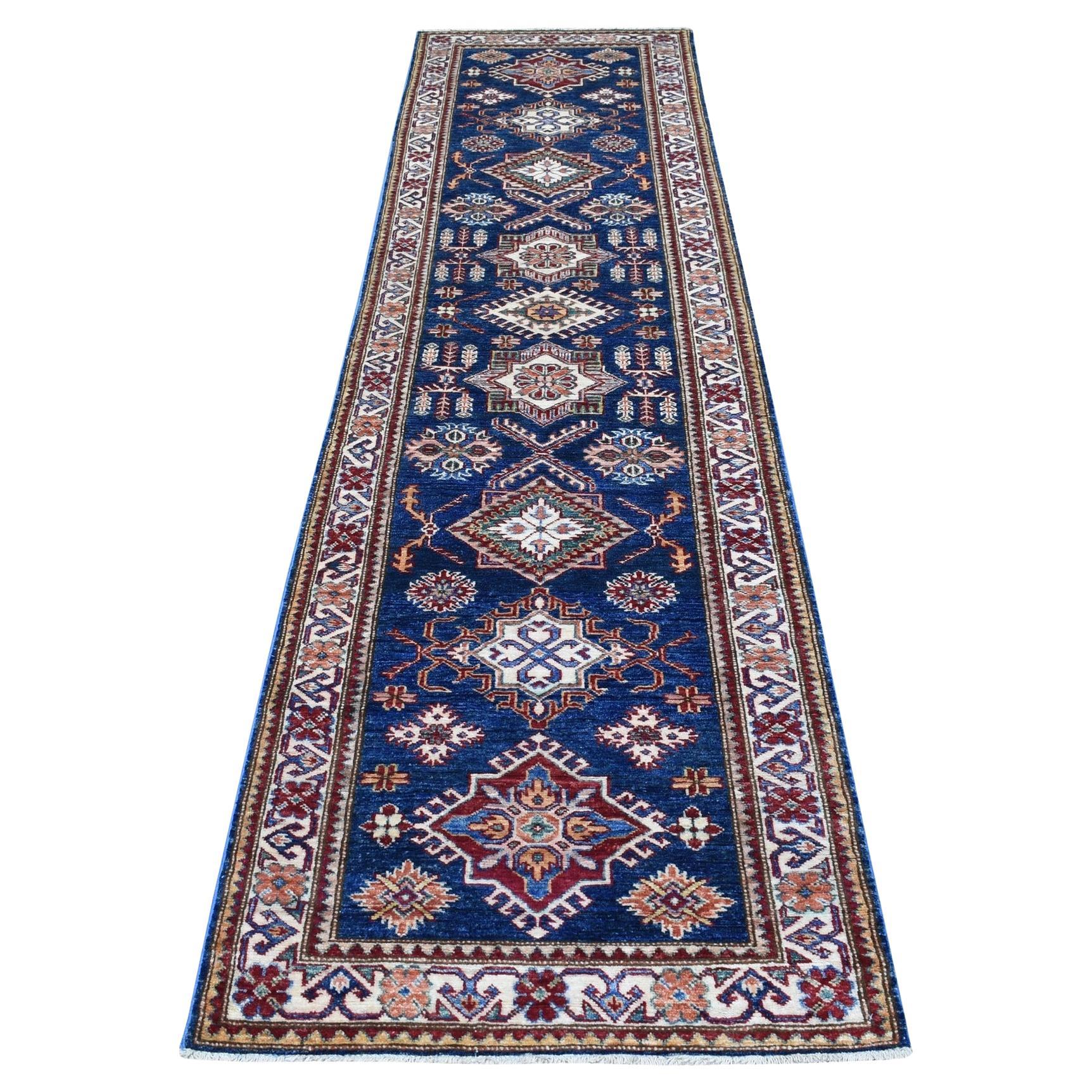 2'8"x10'5" Hand Knotted Denim Blue Soft Wool Super Kazak Oriental Runner Rug For Sale