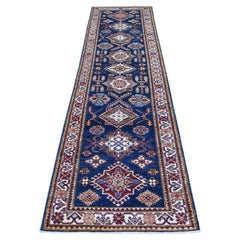2'8"x10'5" Hand Knotted Denim Blue Soft Wool Super Kazak Oriental Runner Rug