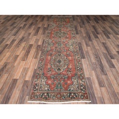 Tappeto da corridoio persiano vintage Tabriz in pura lana, annodato a mano, color arancione ambrato, 86 cm x 320 cm