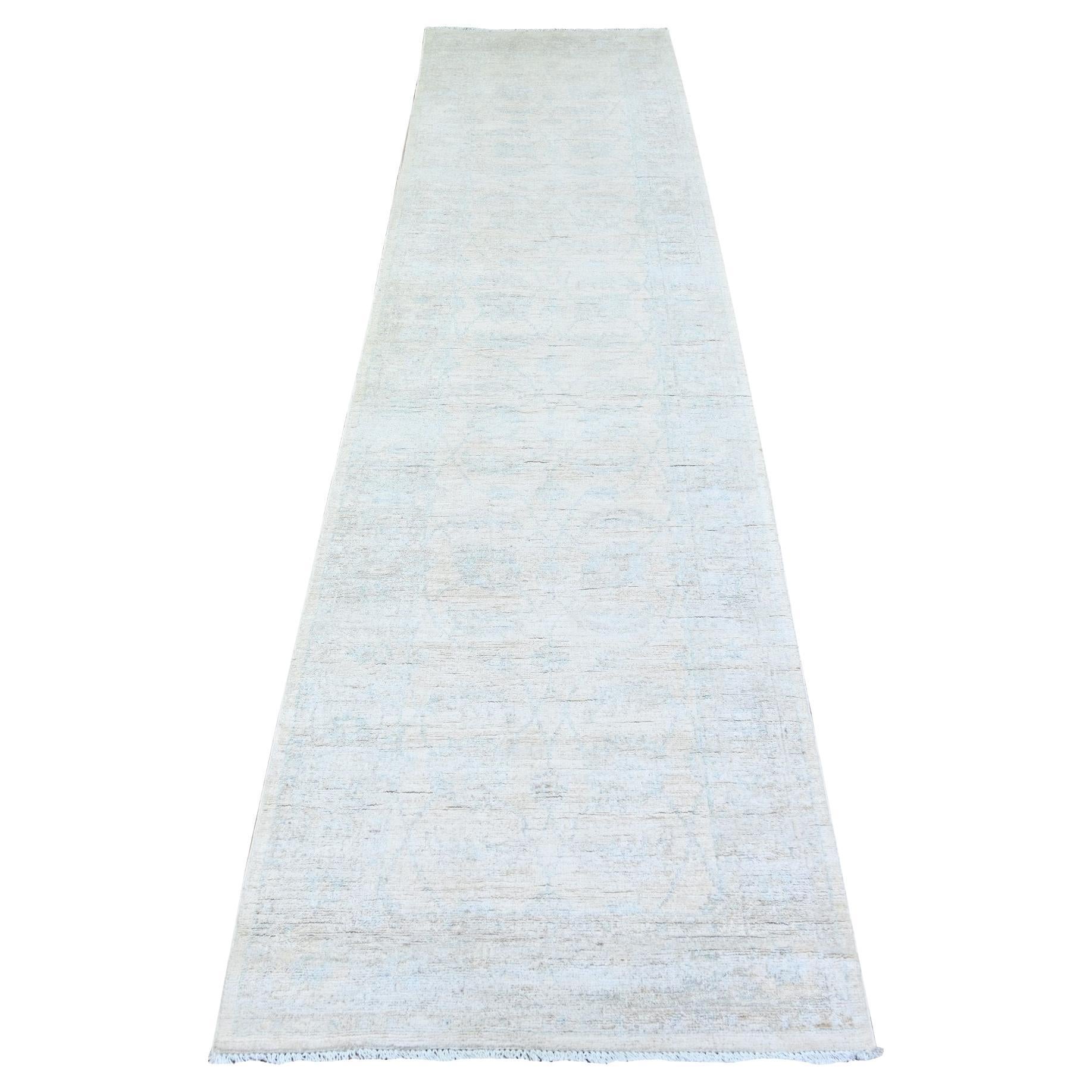 2'8"x10'8" Gänseblümchen Weißer, weißer, gewaschener Peshawar-Woll- Orientalischer, handgeknüpfter, Teppich