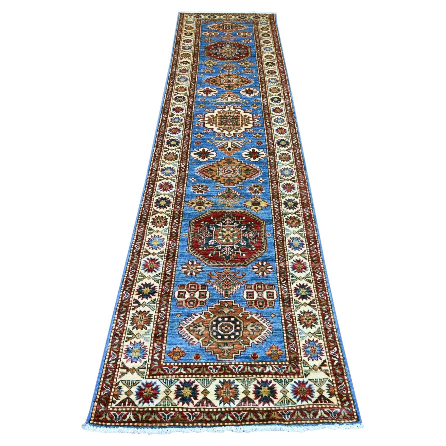 2'8"x11' Blue Afghan Super Kazak Medallions Design Hand Knotted Wool Runner Rug