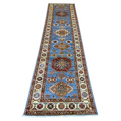 2'8"x11' Blue Afghan Super Kazak Medallions Design Hand Knotted Wool Runner Rug