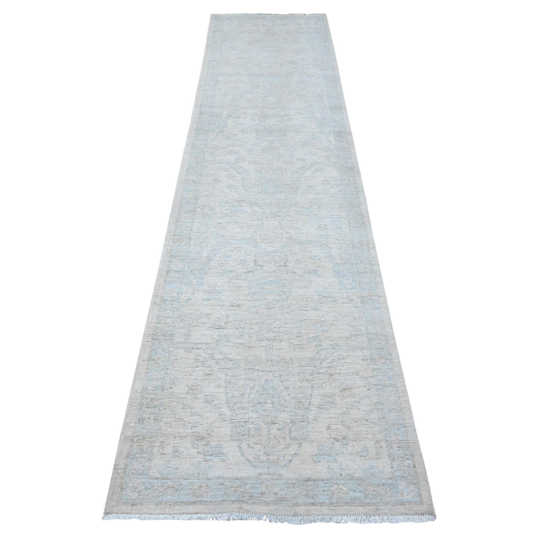 2'8"x11'1" Ivory Hand Knotted Pure Wool Washed Out Peshawar Runner Oriental Rug For Sale