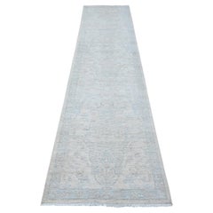 2'8"x11'1" Ivory Hand Knotted Pure Wool Washed Out Peshawar Runner Oriental Rug