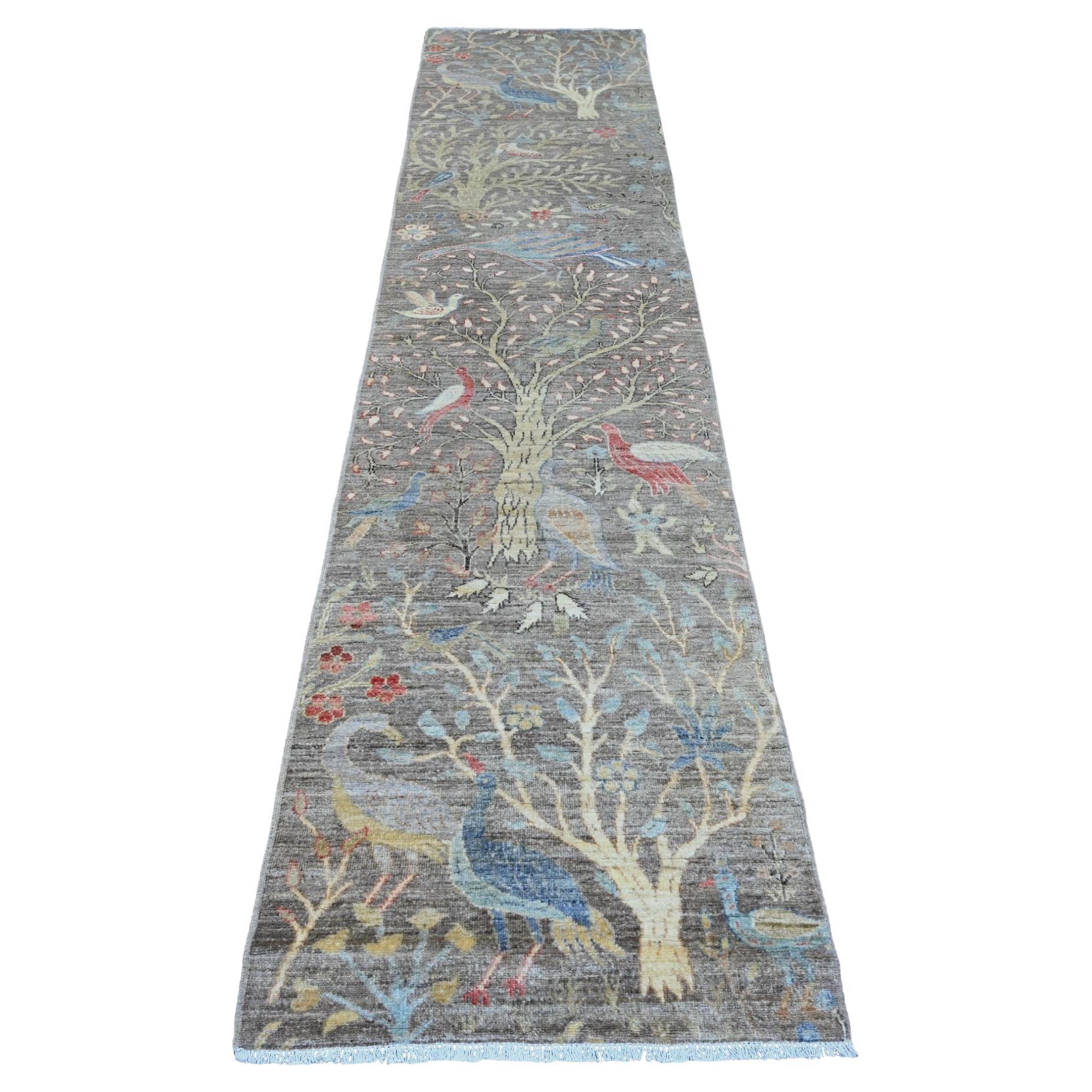 2'8"x11'10" Brown Afghan Peshawar Birds Design Hand Knotted Soft Wool Runner Rug