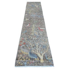 2'8"x11'10" Brown Afghan Peshawar Birds Design Hand Knotted Soft Wool Runner Rug