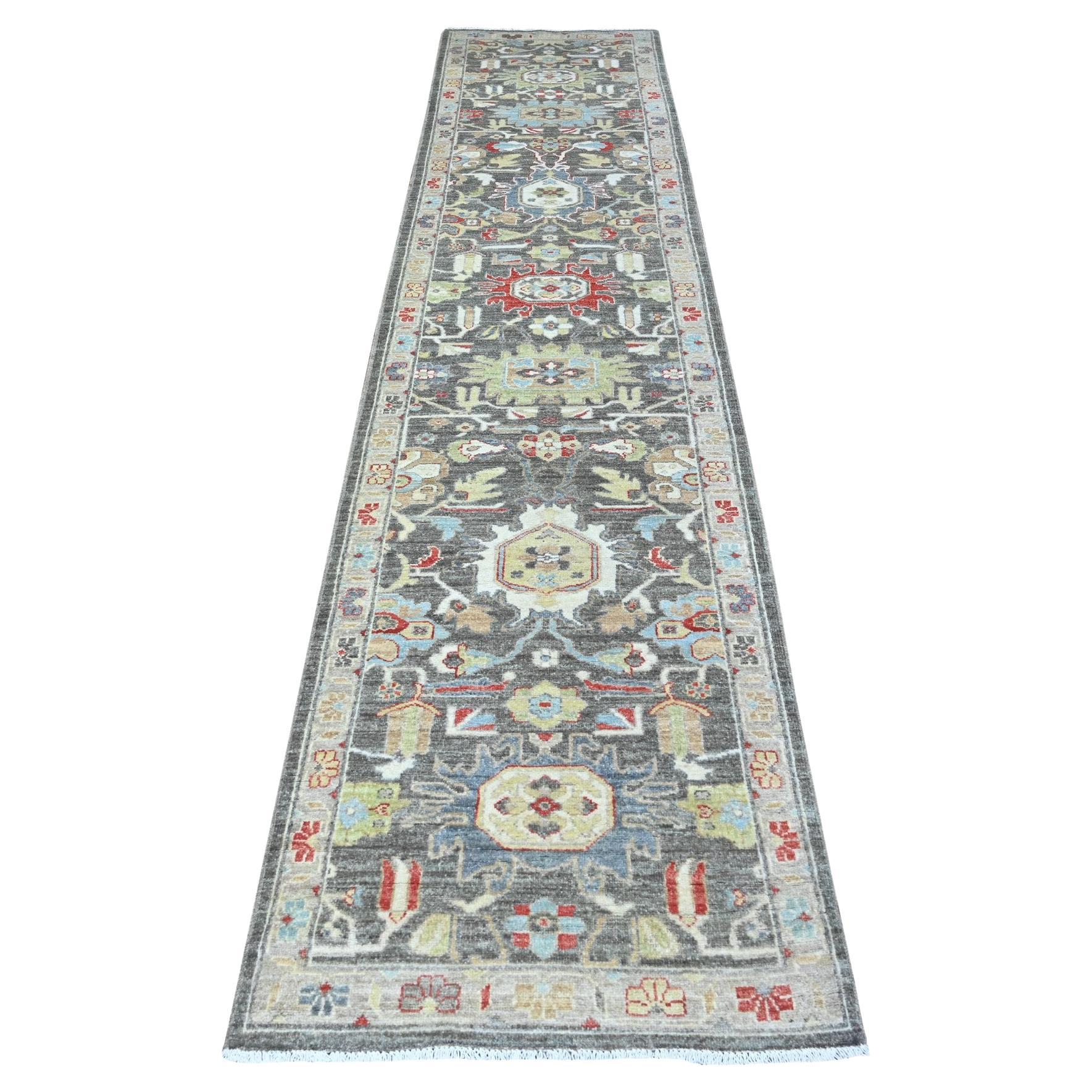 2'8 "x11'10" Tapis de course Jet Gray noué à la main en pure laine fine Peshawar