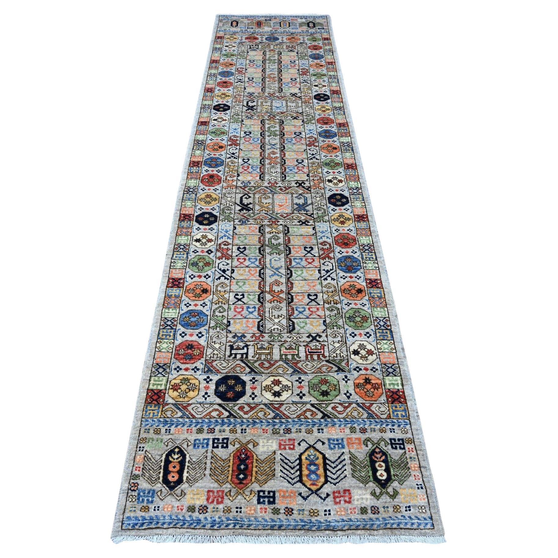 2'8 "x11'10" Shark Gray Annodato a mano Design/One Runner in morbida lana Tappeto Orientale