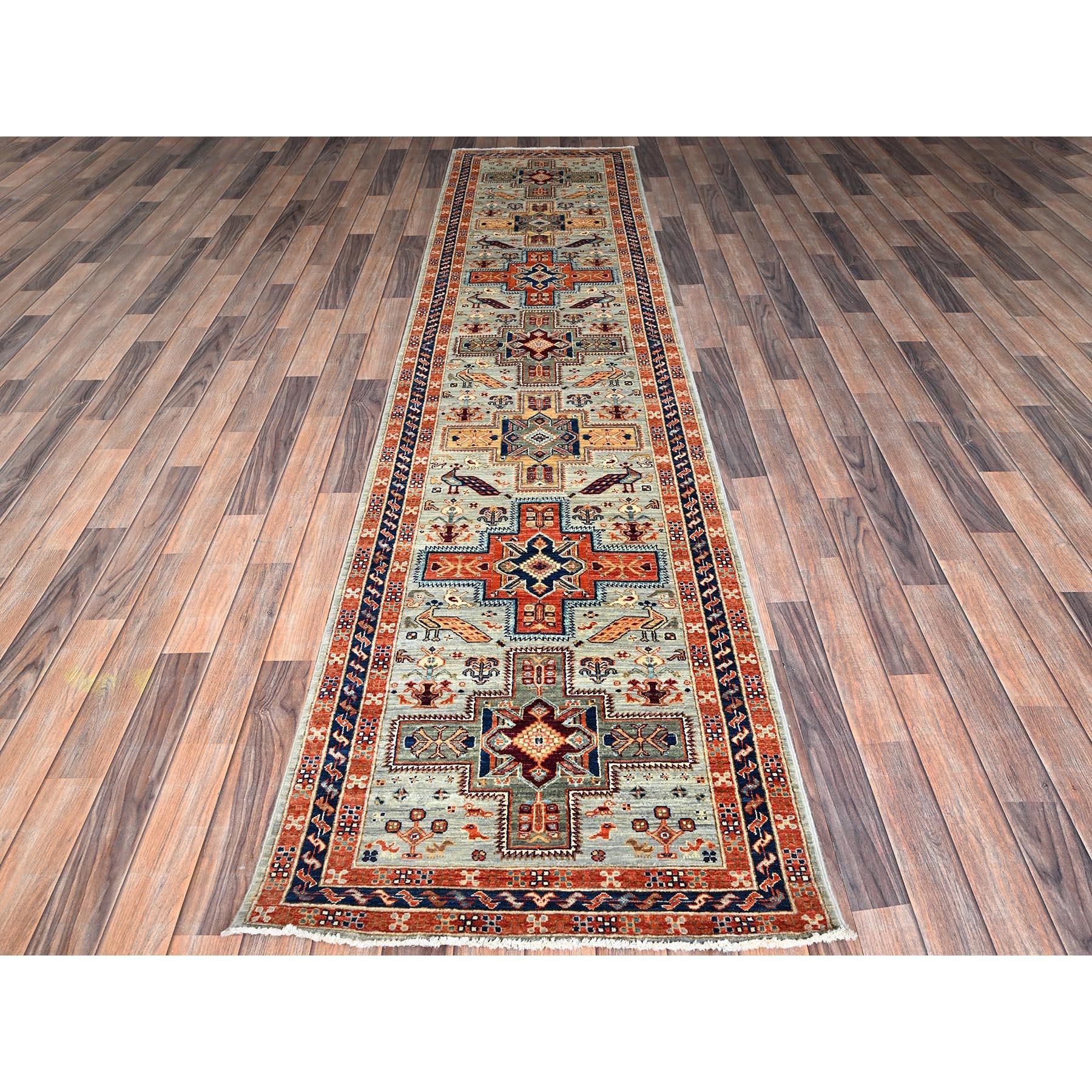 Cloud Gray, Armenian Inspired Caucasian Design with Bird Figurines, 200 KPSI, Super Fine Wool, Hand Knotted, Vegetable Dyes, Denser Weave, Runner, Oriental Rug
Primary materials: Wool
Latex: No Pile 
height: 0.25 Inches
Style: Traditional
Primary