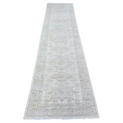 2'8"x11'3" White Wash Peshawar Hand Knotted Pure Wool Runner Oriental Rug