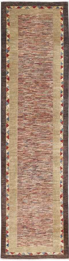 2.8x11.5 ft Hand Knotted Beige, Braun, Rot Läufer Teppich für Küche. Korridor-Teppich