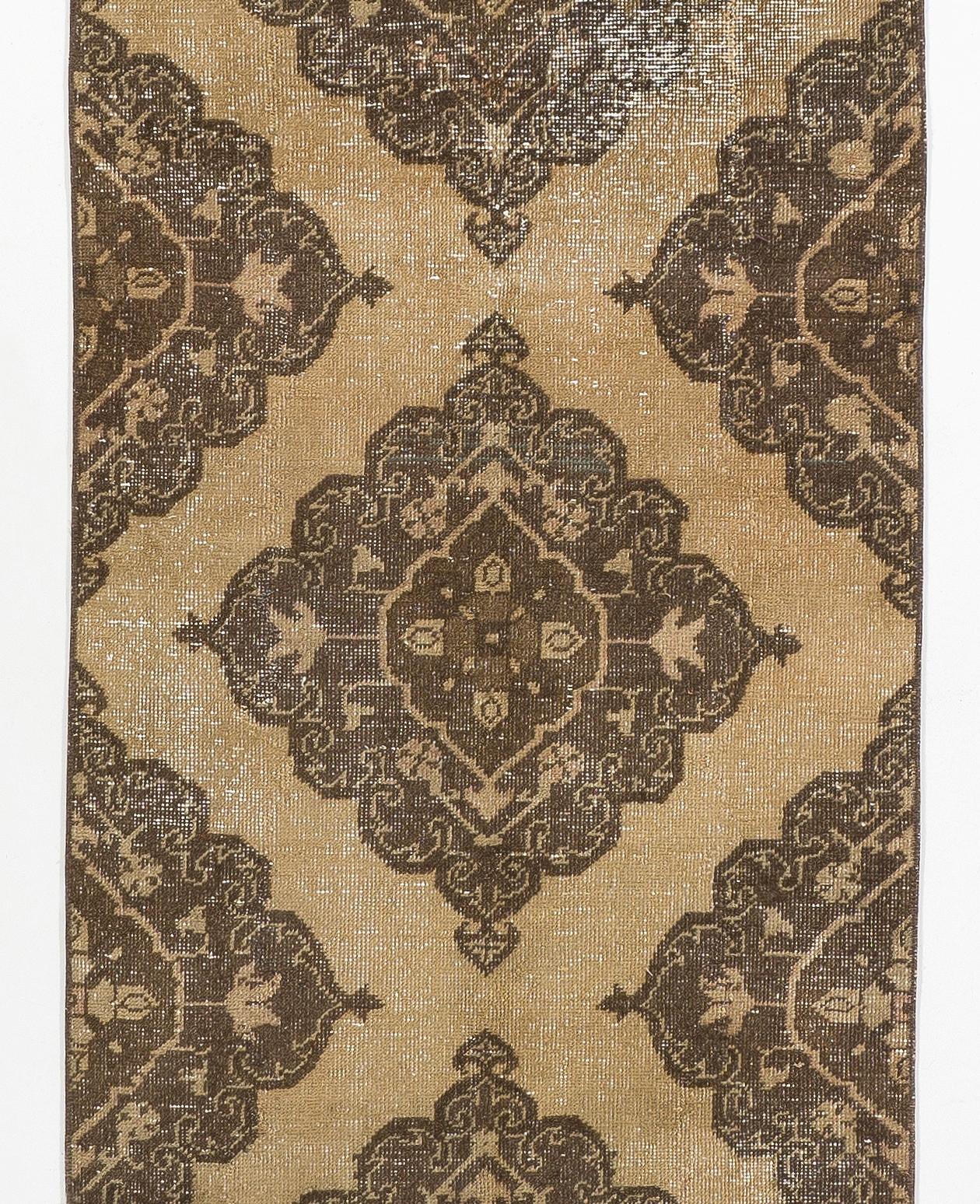 Hand-Knotted 2.8x11.5 Ft Narrow Vintage Turkish Oushak Runner Rug with Geometric Medallions