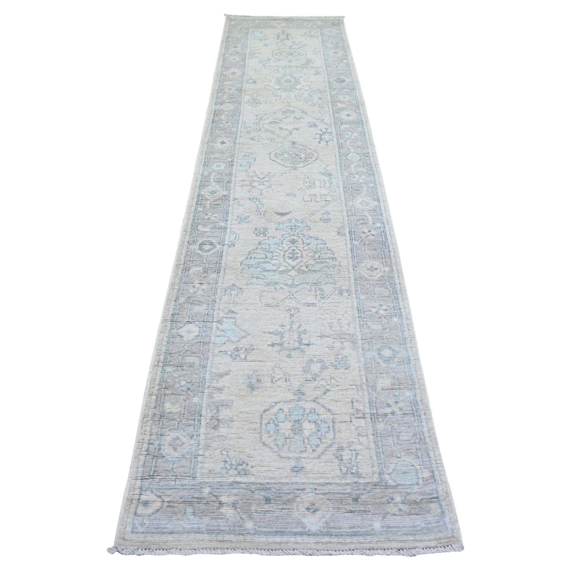 2'8 "x11'7" Gris Afghan Angora Oushak Tapis de course en pure laine nouée à la main Tapis d'Orient