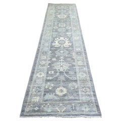 2'8 "x11'7" Grigio, Tappeto Runner Afgano d'Angora Ushak, Pura Lana, Annodato a Mano