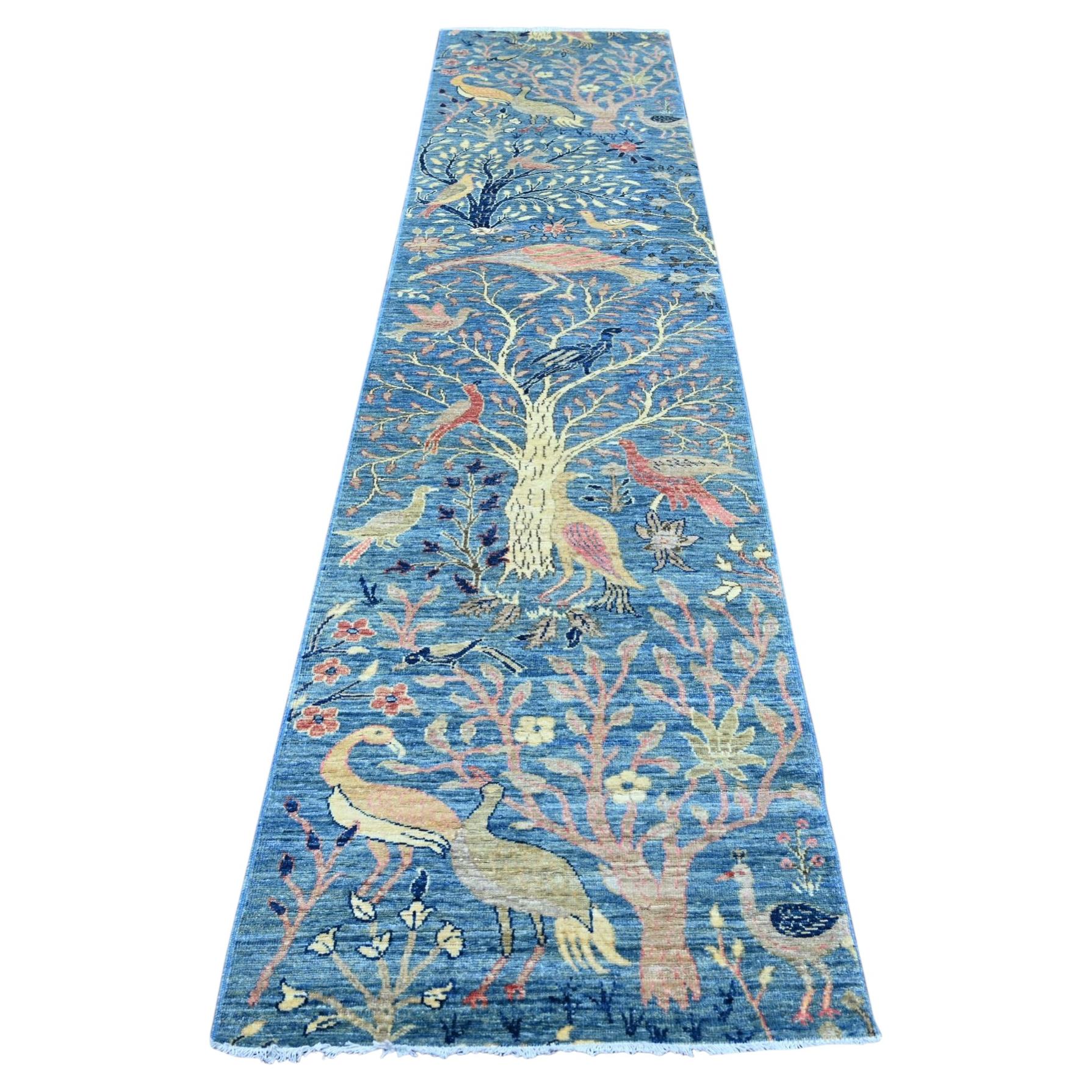2'8"x11'8" Blue Peshawar Birds of Paradise Design Hand Knotted Wool Runner Rug For Sale