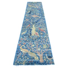 2'8"x11'8" Blue Peshawar Birds of Paradise Design Hand Knotted Wool Runner Rug