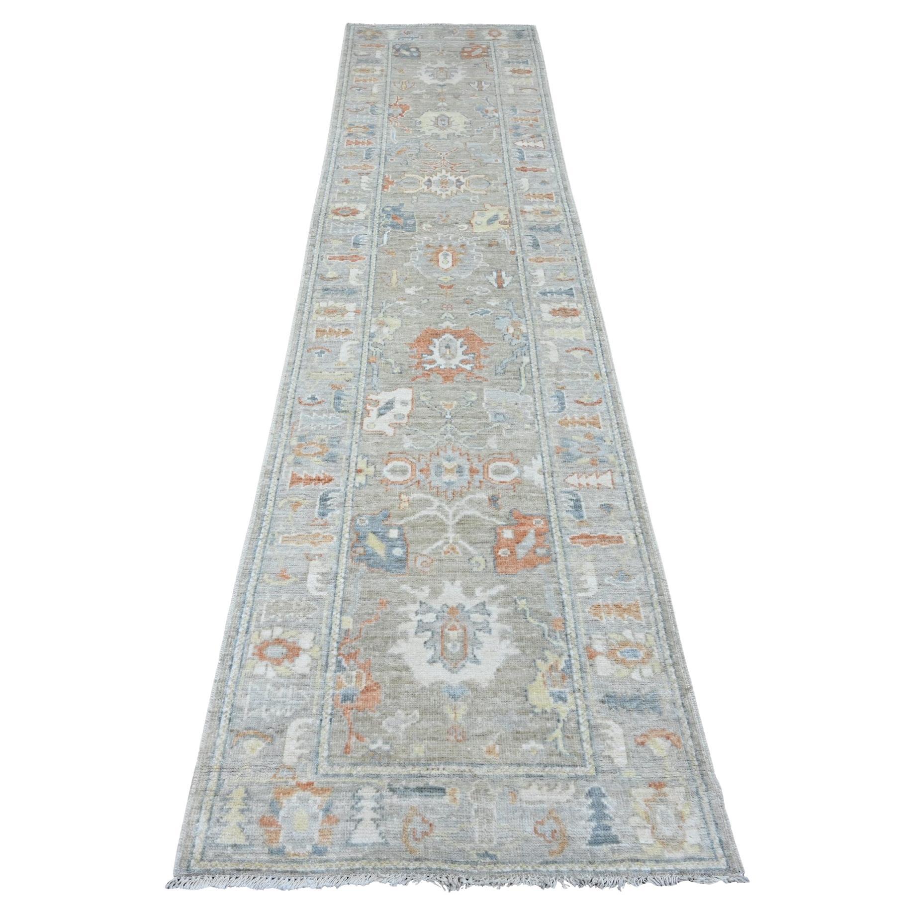 2'8"x11'8" Gray Afghan Angora Oushak Leaf Design Hand Knotted Wool Runner Rug
