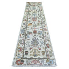 2'8"x11'8" Ivory Leaf Design Hand Knotted Angora Oushak Afghan Wool Runner Rug