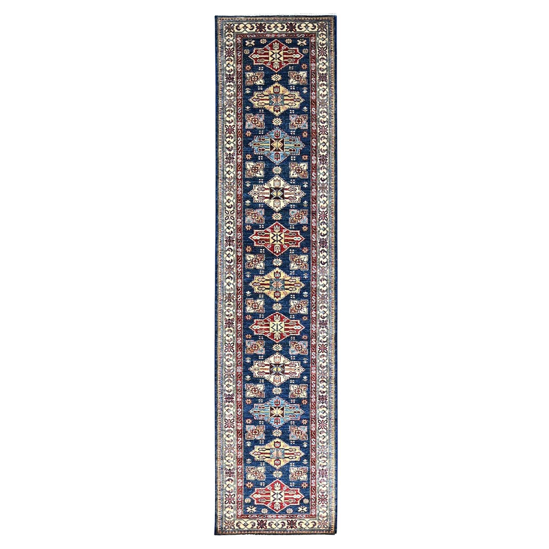 2'8"x11'9" Blue All Wool Afghan Super Kazak Natural Dyes Oriental Runner Rug For Sale