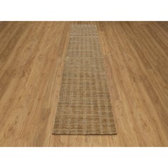 2'8"x12' Camel Brown Undyed Wool Vertical Stripes Design Hand Loomed Runner Rug
