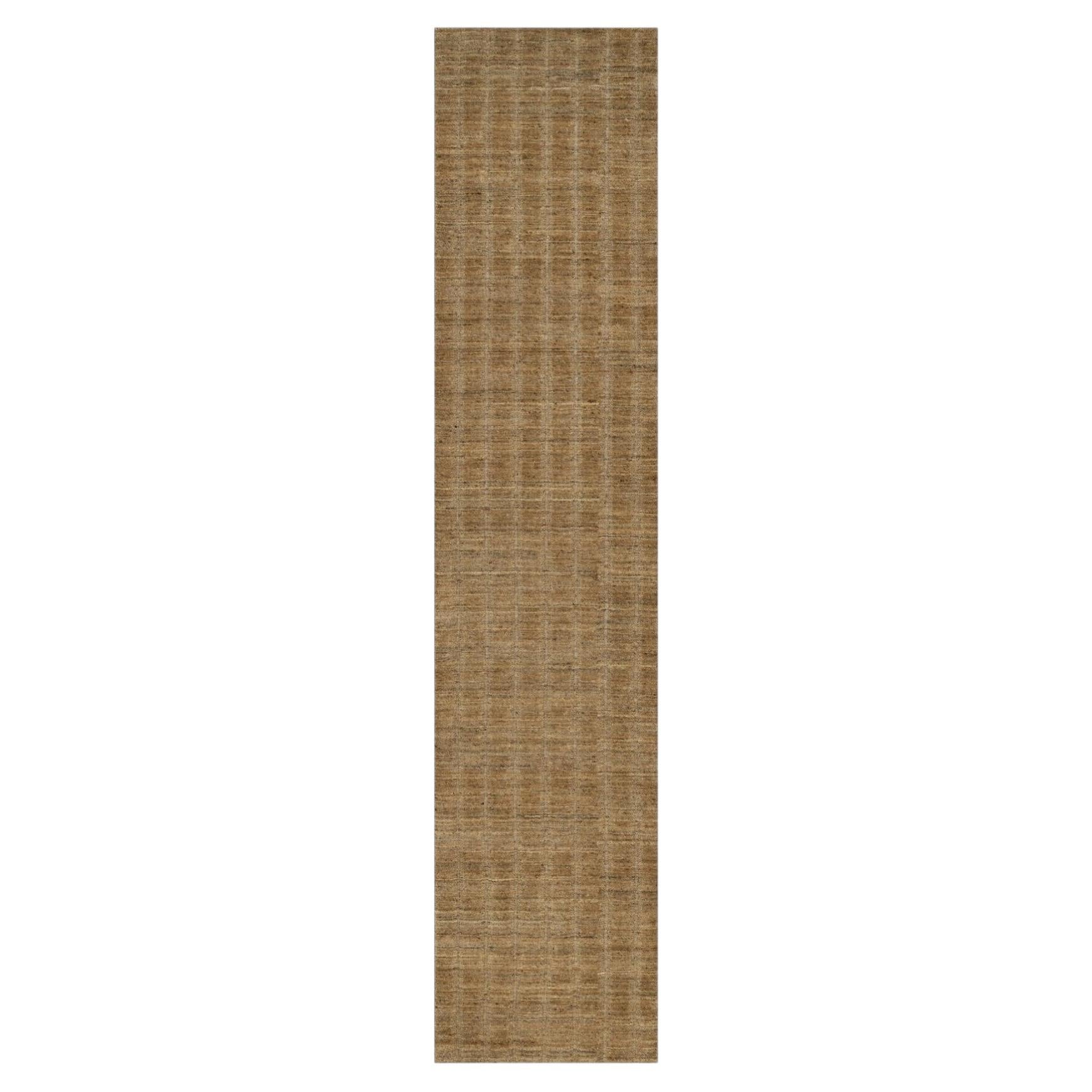 2'8"x12' Camel Brown Undyed Wool Vertical Stripes Design Hand Loomed Runner Rug