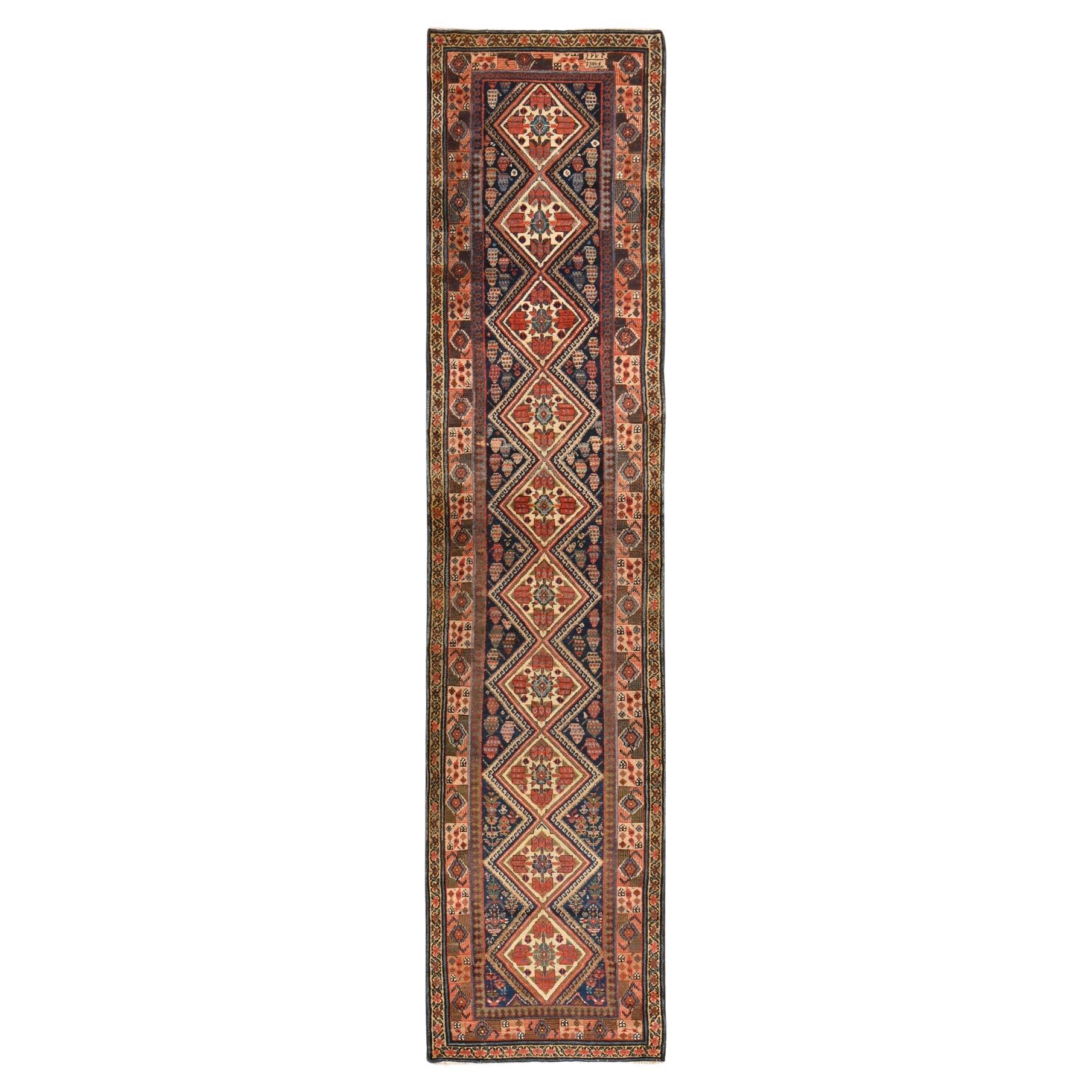 2'8"x12' Navy Blue Antique Persian Hamadan Rug Signed Hand Knotted Wool Runner
