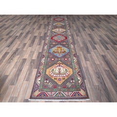 2'8"x12' Quail Gray Kazak with Medallions Design Hand Knotted Wool Runner Rug