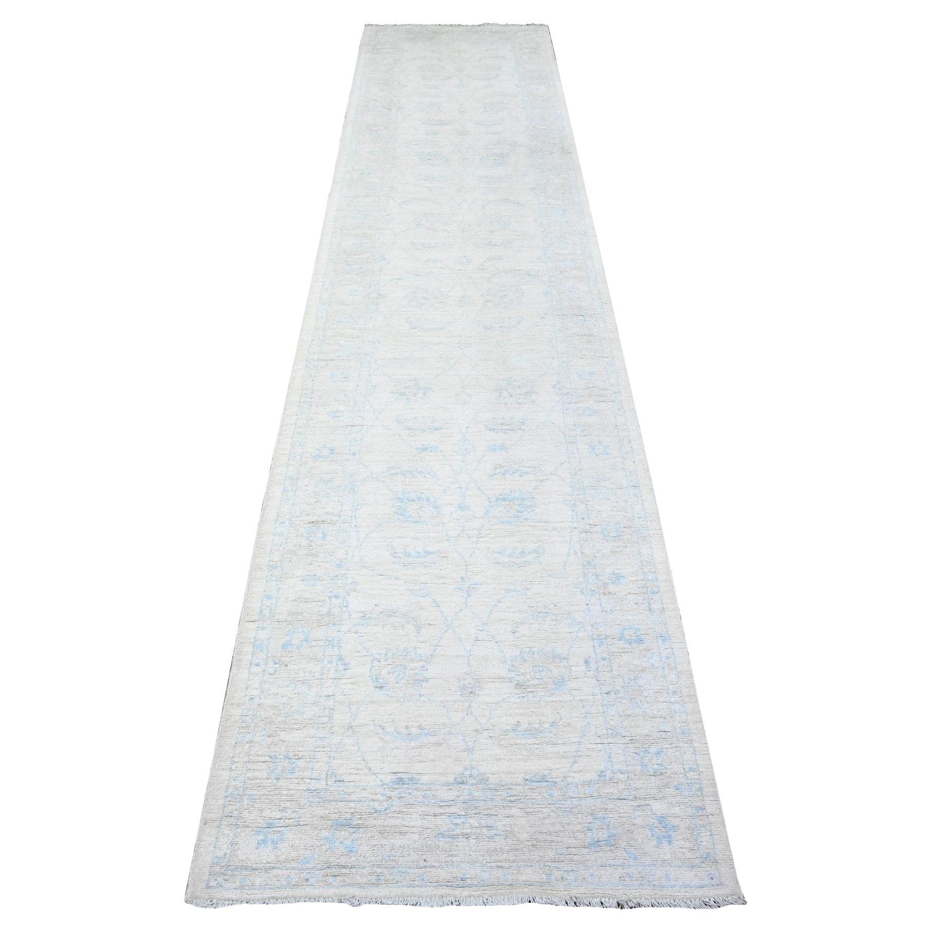 2'8"x12' Smoke White, Washed Out Peshawar, Hand Knotted, Wool, Runner Rug